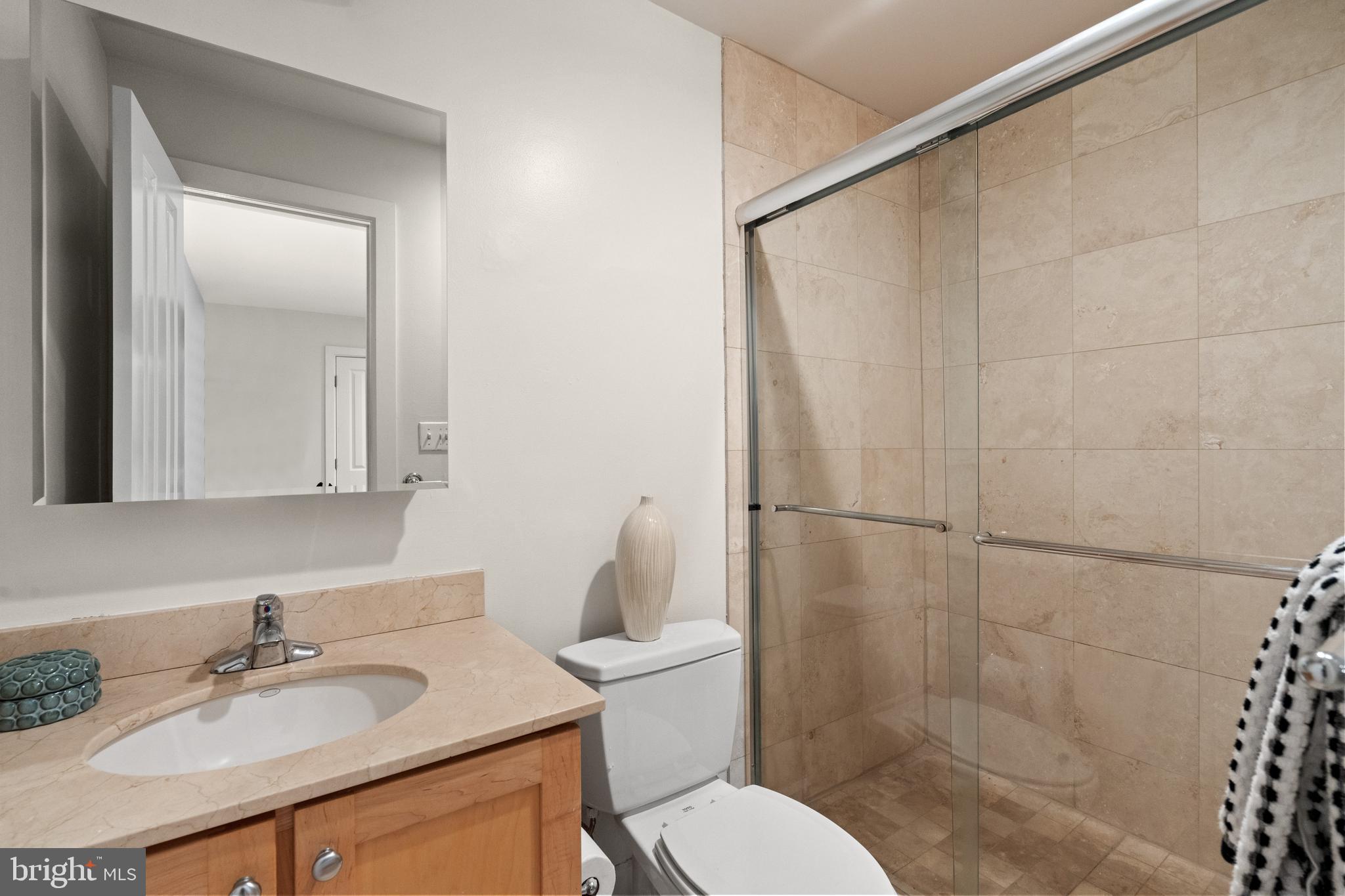 1421 Chapin Street Northwest, Unit 102 Washington, DC 20009 - Photo 21 of 37 a bathroom with a sink toilet a mirror and shower