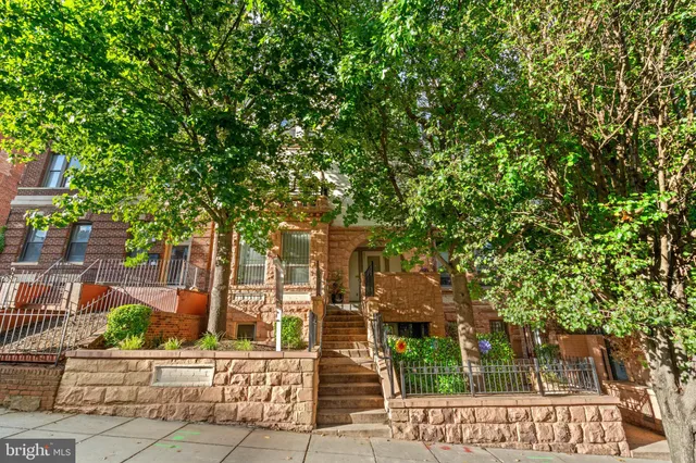 a view of living room that has a large window and potted plants