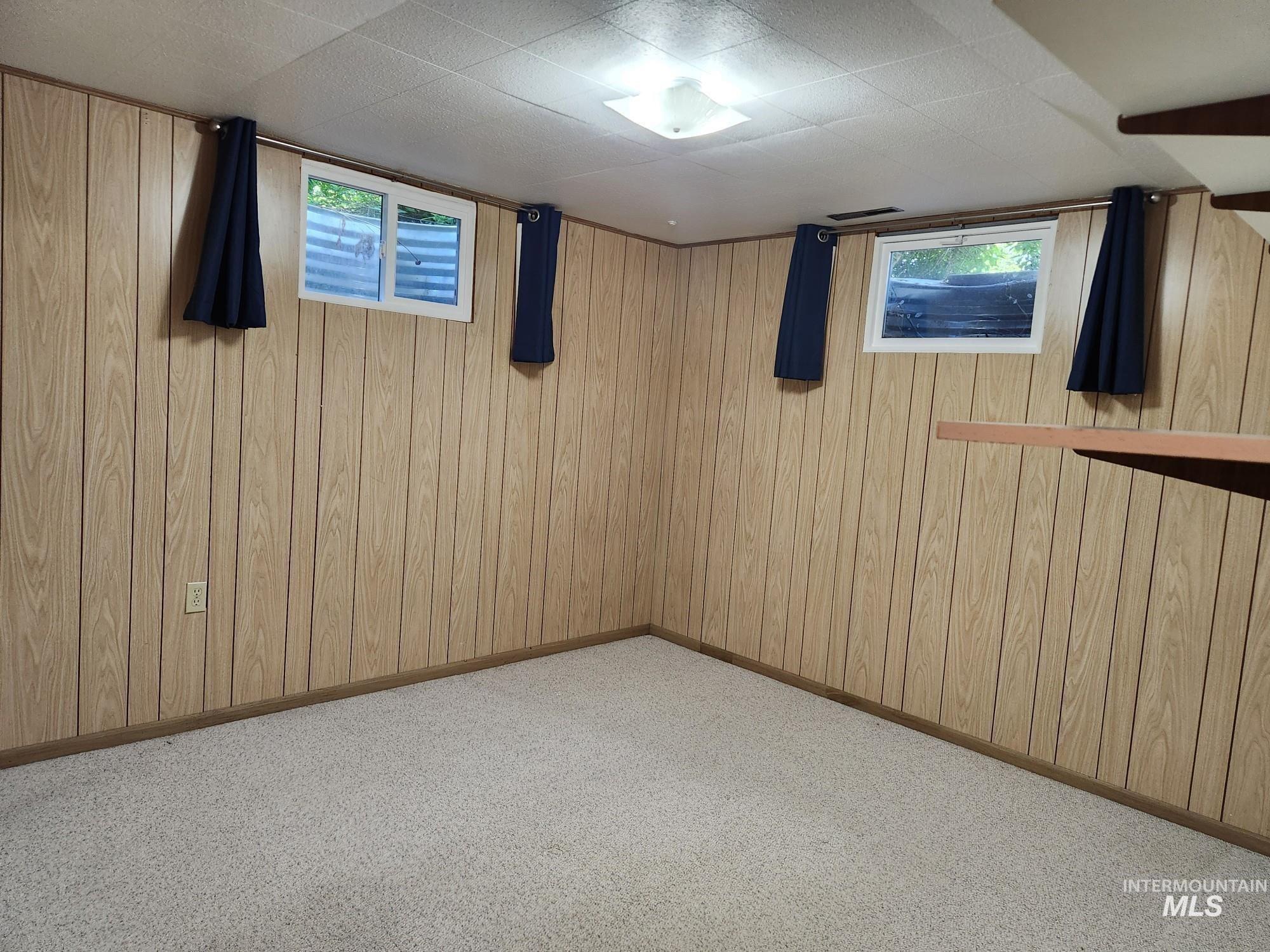 367 Woodland Road Kamiah, ID 83536 - Photo 27 of 49 Below grade area featuring healthy amount of natural light, carpet, and wood walls