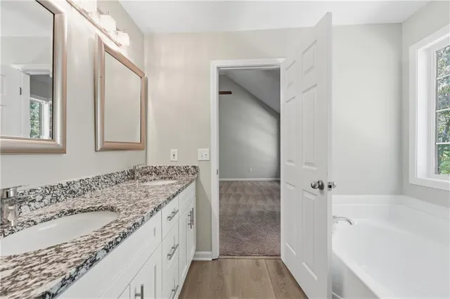 a bathroom with a granite countertop tub sink and mirror