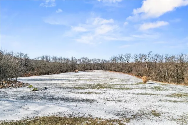a view of a dry yard with wooden fence