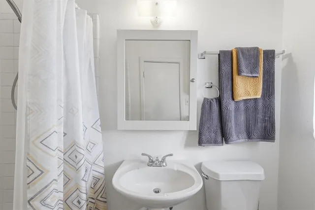 a bathroom with a sink a toilet and shower curtain