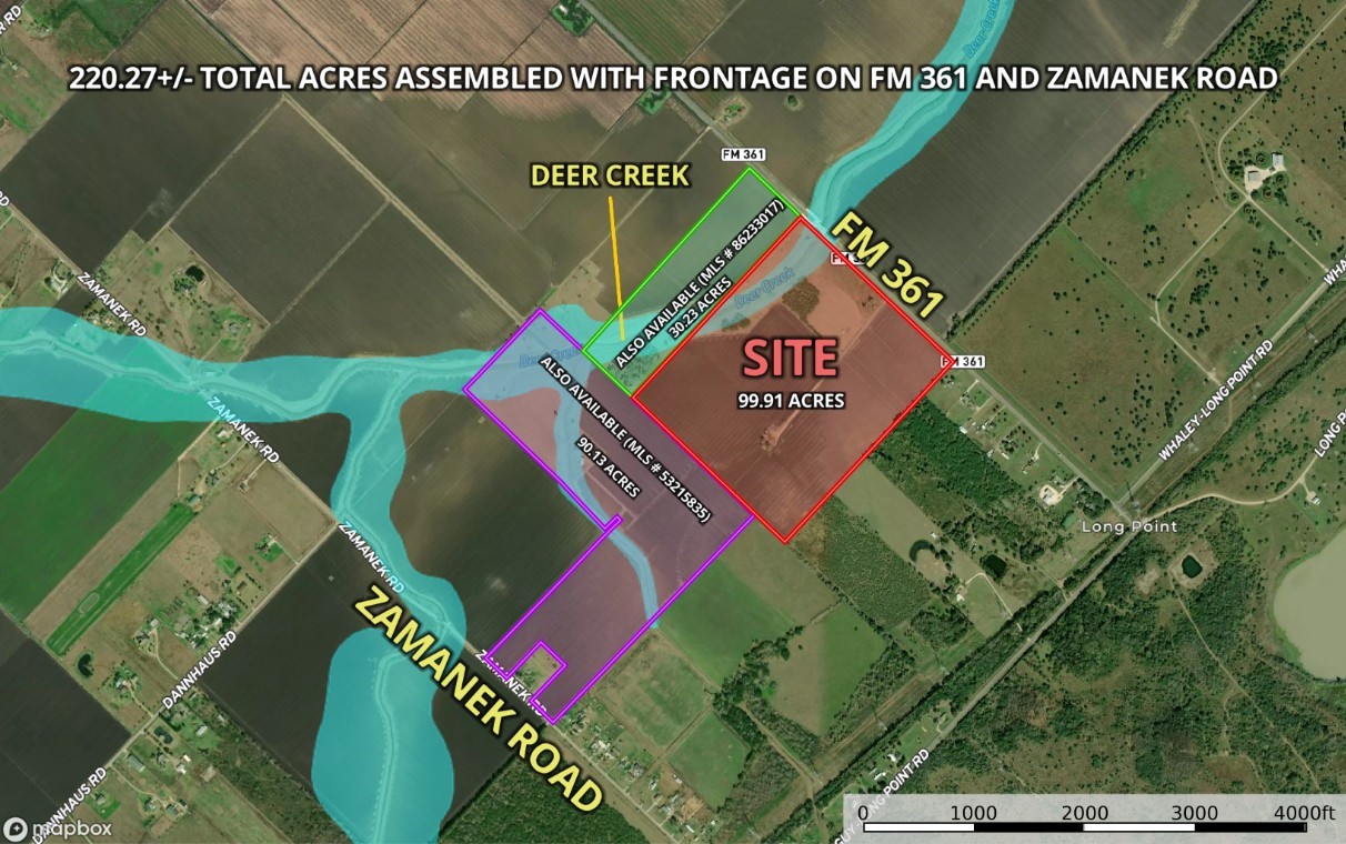 There are two additional contiguous tracts also available for sale. MLS # 53215835 is 90.13 acres priced at $2,500,000 ($27,738 per acre) and MLS # 86233017 is 30.229 acres priced at $975,000 ($32,254 per acre).