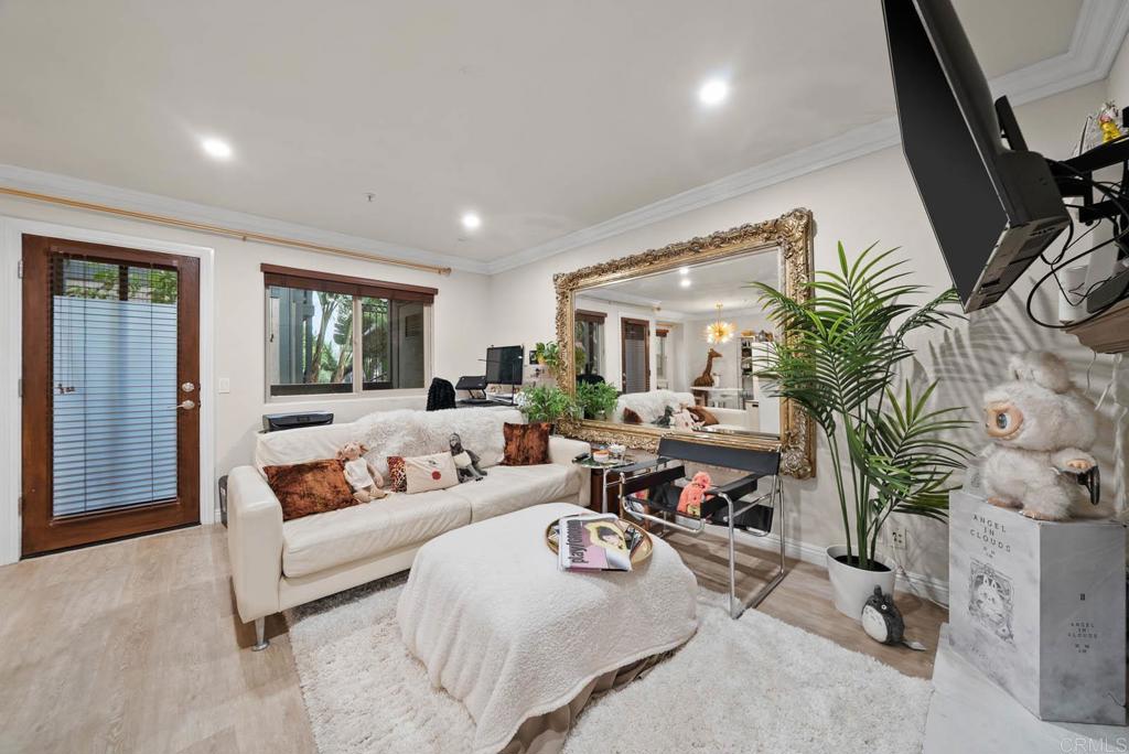 a living room with furniture and a potted plant