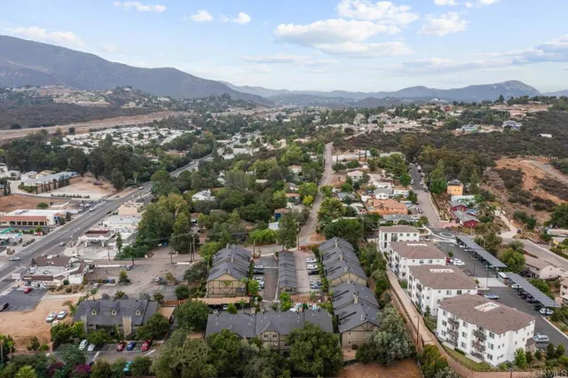 an aerial view of residential houses with outdoor space and trees