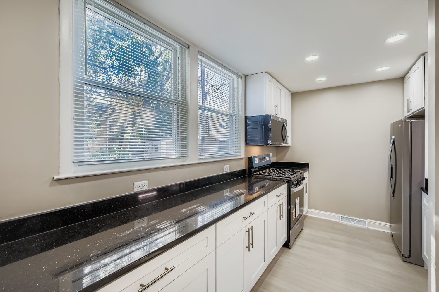 2131 Ash Street, Unit G Des Plaines, IL 60018 - Photo 5 of 16 a kitchen with granite countertop a sink and a refrigerator