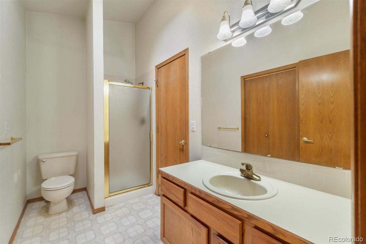 833 Wade Road Longmont, CO 80503 - Photo 20 of 40 a bathroom with a granite countertop sink toilet a mirror a vanity and shower