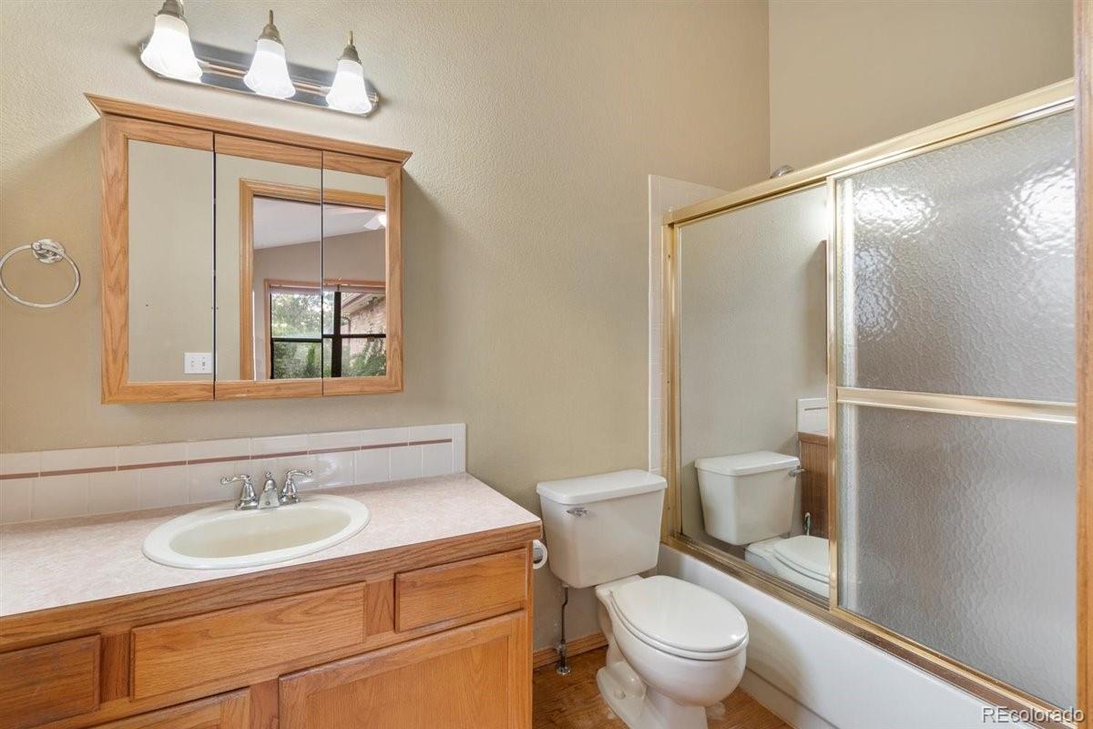 833 Wade Road Longmont, CO 80503 - Photo 25 of 40 a bathroom with a sink a toilet and a mirror
