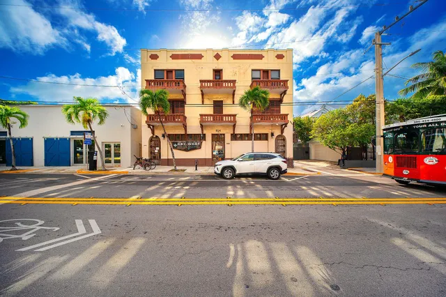 a view of a building with a street