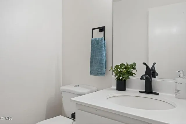 a bathroom with a potted plant