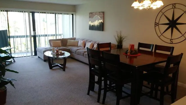 a living room with furniture a rug and a large window