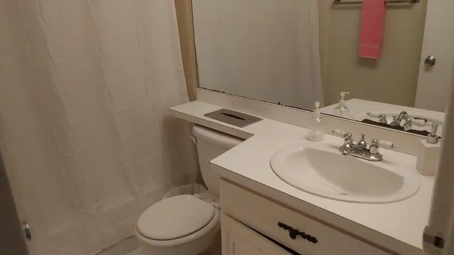 a bathroom with a sink toilet and mirror