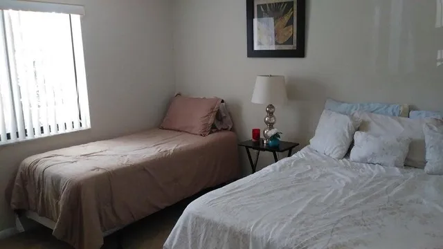 a bedroom with two beds and a window