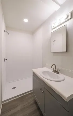 a bathroom with a sink a mirror and a shower