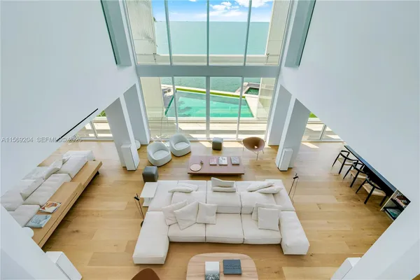 a living room with furniture and a floor to ceiling window