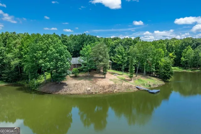 a view of a lake with lawn chairs and large trees