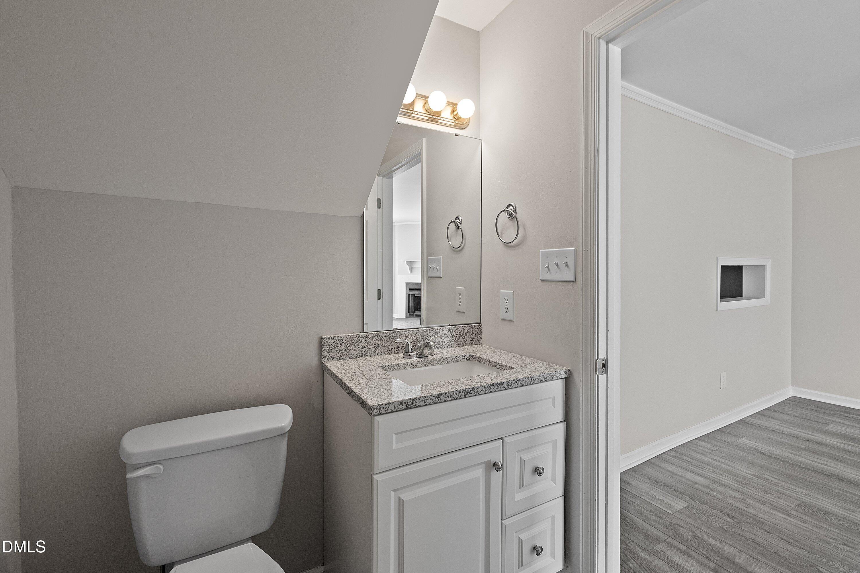 1900 Township Circle Raleigh, NC 27609 - Photo 11 of 19 a bathroom with a granite countertop toilet a sink and a mirror