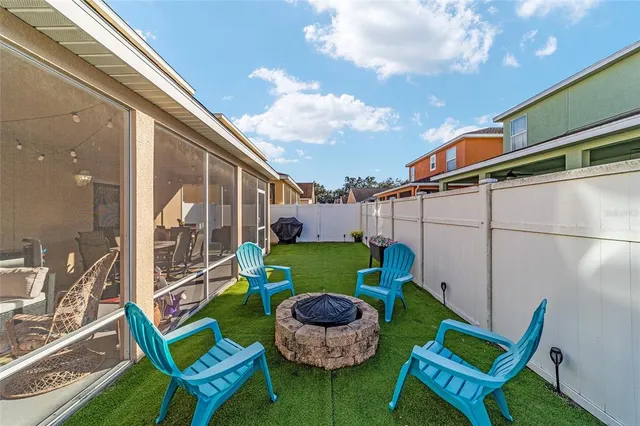 a backyard of a house with table and chairs