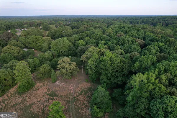 an aerial view of green landscape with trees houses and mountain view