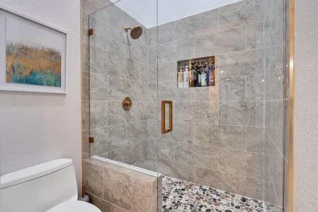 a bathroom with a shower and toilet