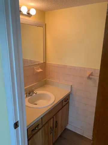 a bathroom with a sink and a mirror