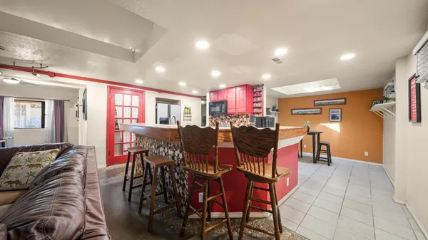 a view of a dining room with furniture