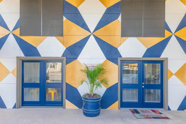 a building outdoor space with seating space