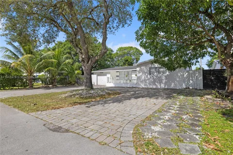a view of a yard with plants and trees