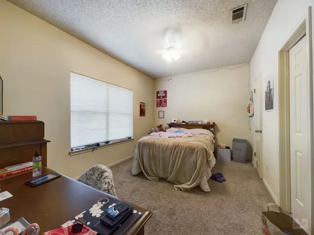 a bedroom with a bed and a desk