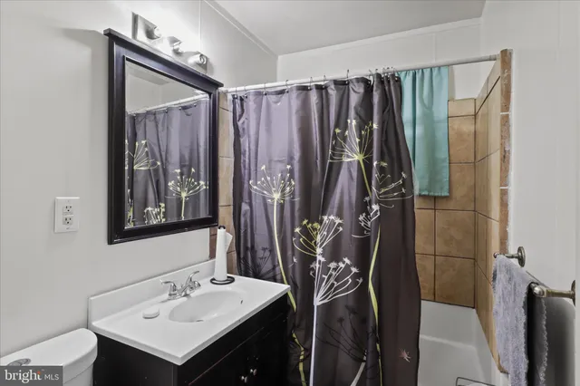 a bathroom with a sink vanity and a mirror