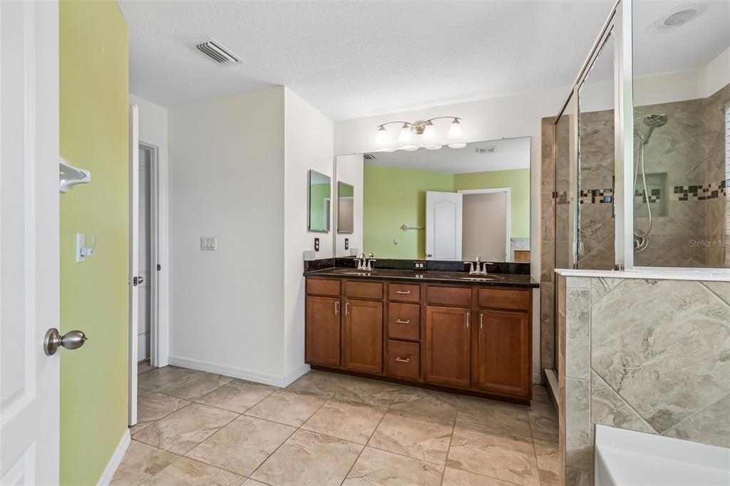 6105 Merrifield Drive Zephyrhills, FL 33541 - Photo 63 of 85 a spacious bathroom with a granite countertop sink mirror and a bathtub
