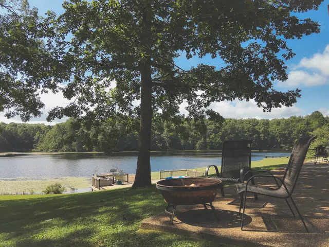 a view of a lake with a patio