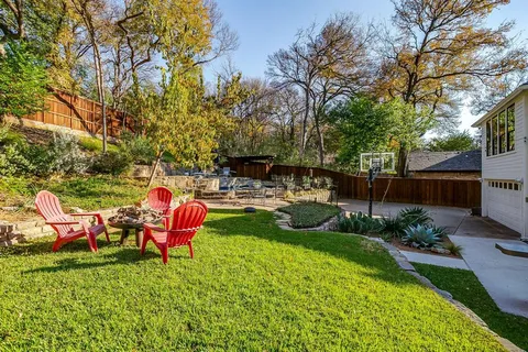 a garden view with a seating space