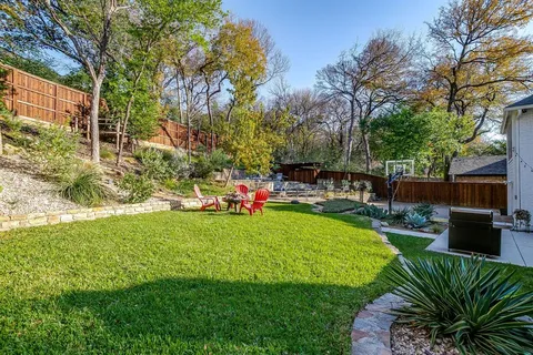 a view of a backyard with sitting area