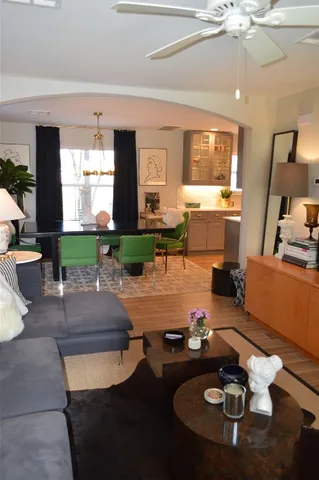 a view of a bedroom with furniture