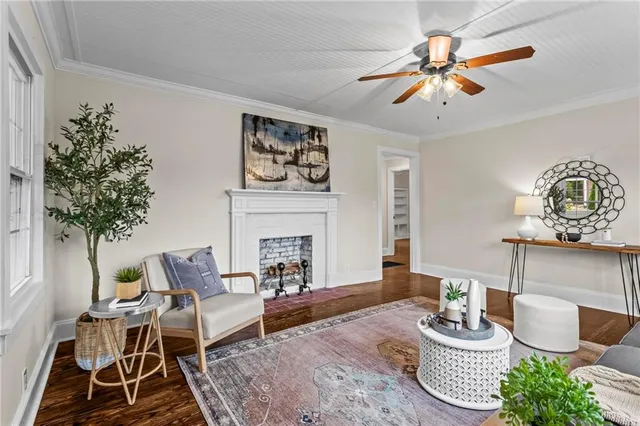 a living room with furniture and a potted plant