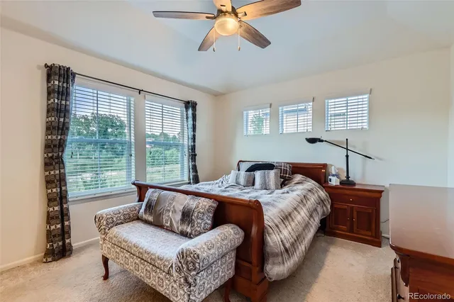 a bedroom with a bed couch and a window