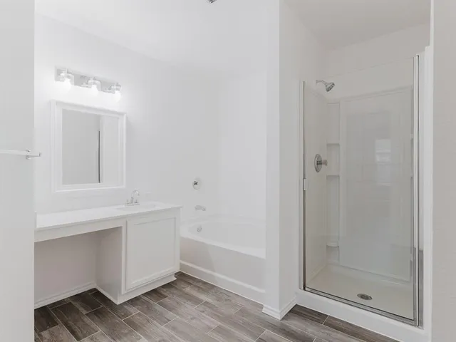 a bathroom with a tub shower and vanity