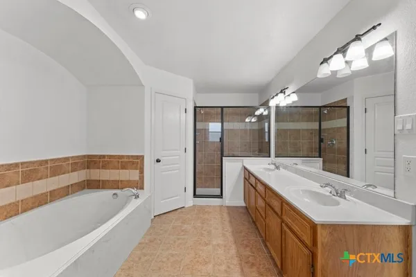 a bathroom with a tub sink shower and mirror