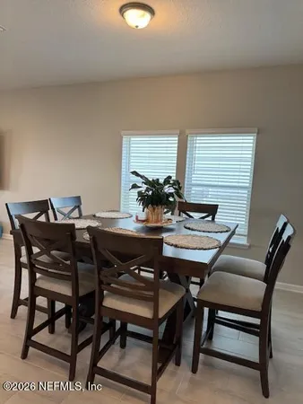 a view of a dining room with furniture