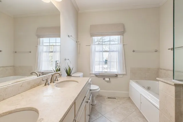 a bathroom with a granite countertop sink a bathtub window and a toilet