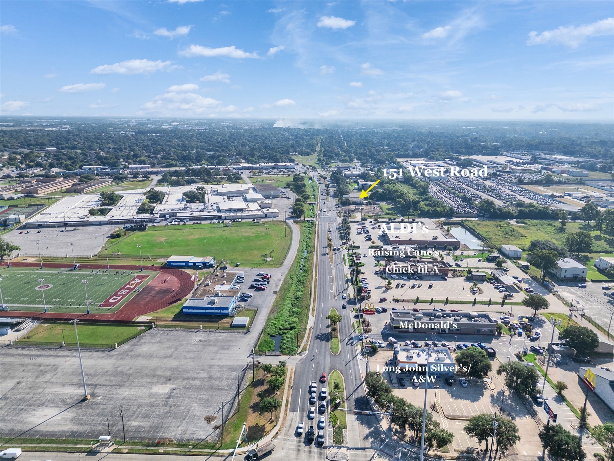 151 West Road Houston, TX 77037 - Photo 8 of 35 This aerial shot shows 151 West Road’s unbeatable frontage along West Road just east of I-45 North, surrounded by national brands like McDonald’s, Chick-fil-A, and Raising Cane’s.