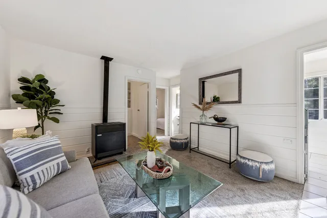 a living room with furniture and a potted plant