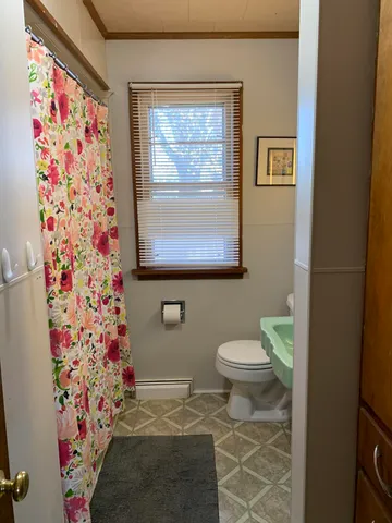 a bathroom with a toilet and shower curtain
