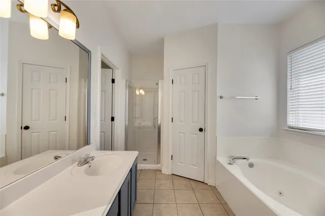 a bathroom with a tub sink shower and mirror