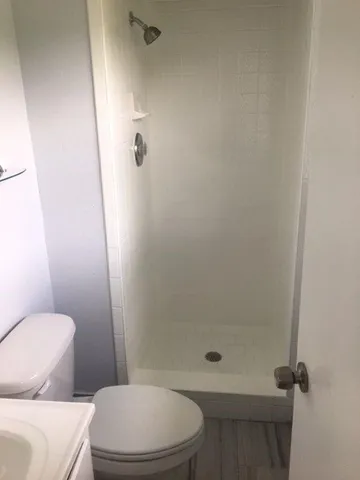 a white toilet and shower