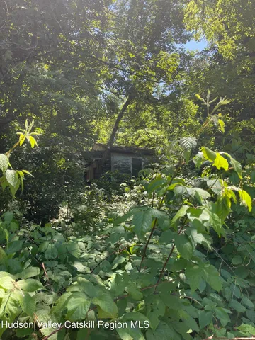 a backyard of a house with trees and outdoor seating