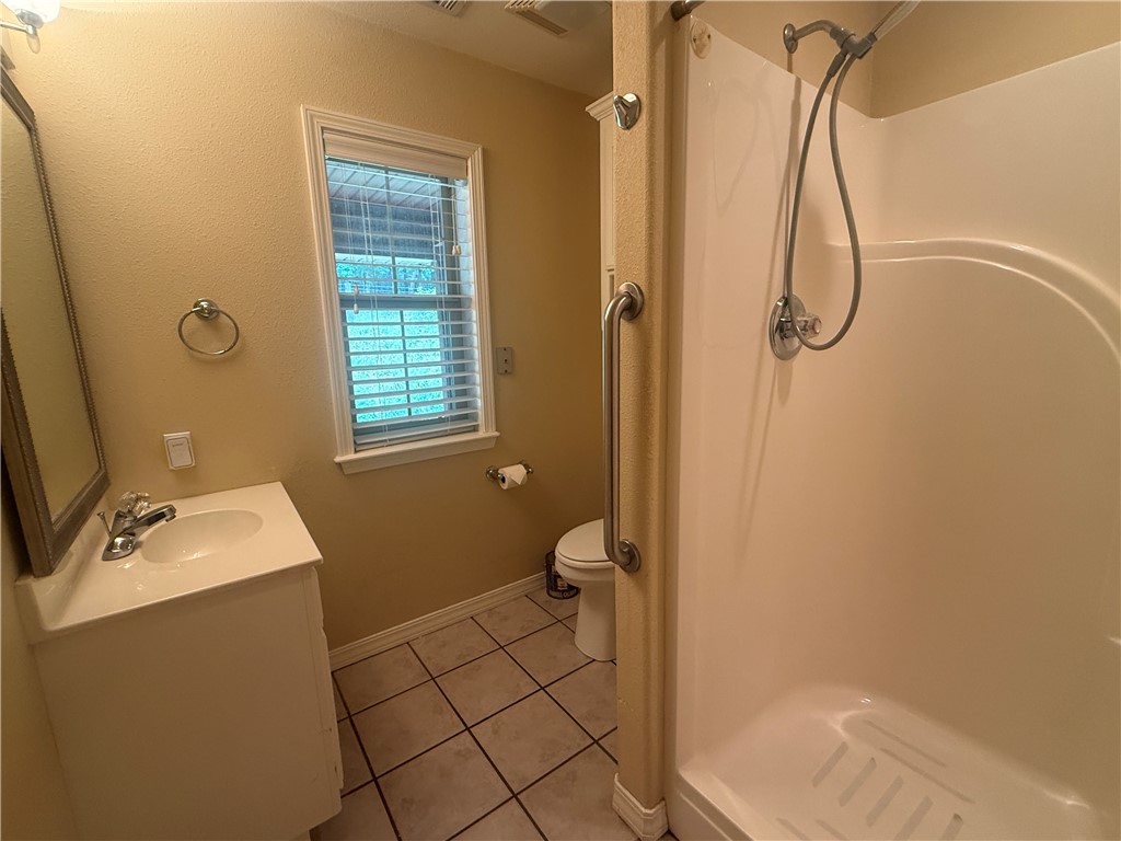 684 Private 2479 Road Clarksville, AR 72830 - Photo 19 of 25 Bathroom featuring a walk-in shower with grab bar, single vanity with integrated sink, framed mirror, and tiled flooring