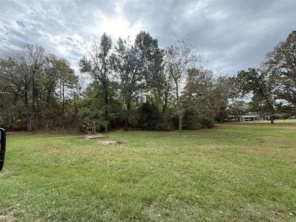 a view of a field with trees in the background