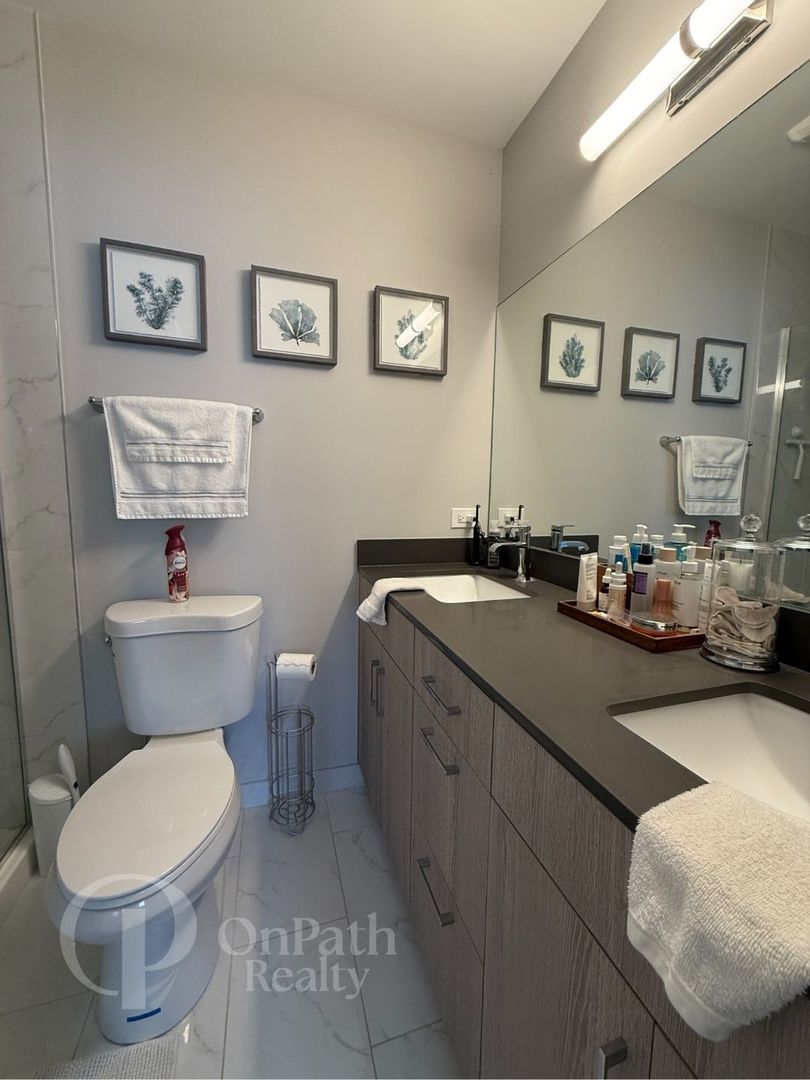 6834 West 65th Street, Unit 1 Chicago, IL 60638 - Photo 12 of 20 a bathroom with a toilet a sink and mirror